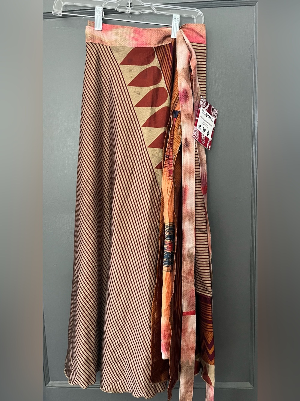 Authentic Silk Sari up cycled Printed Wrap Skirt in Rust & Tan-reversible